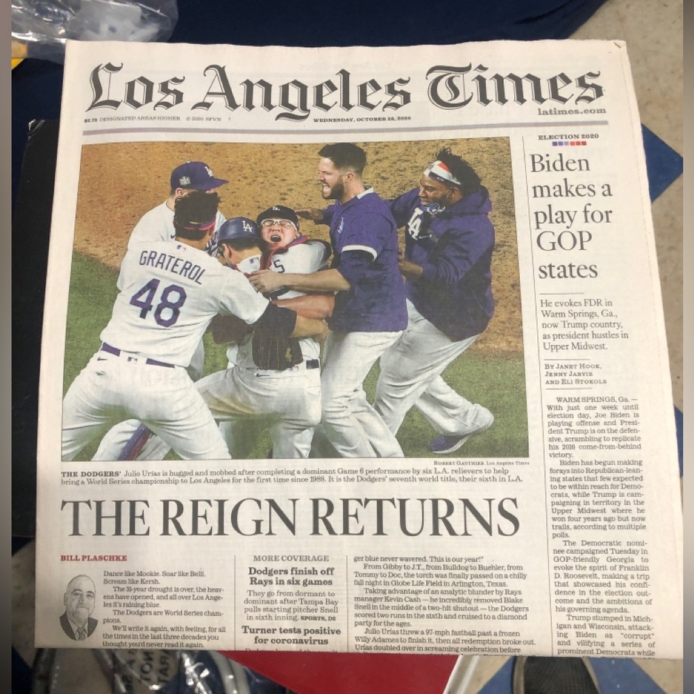 2020 Dodgers World Series LA Times Newspaper